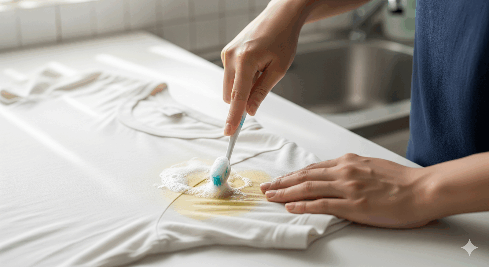 食器用洗剤を使い、古着の汗ジミの落とし方を実践している手元の写真。白いTシャツの黄ばみに、歯ブラシで優しく洗剤を塗布している。