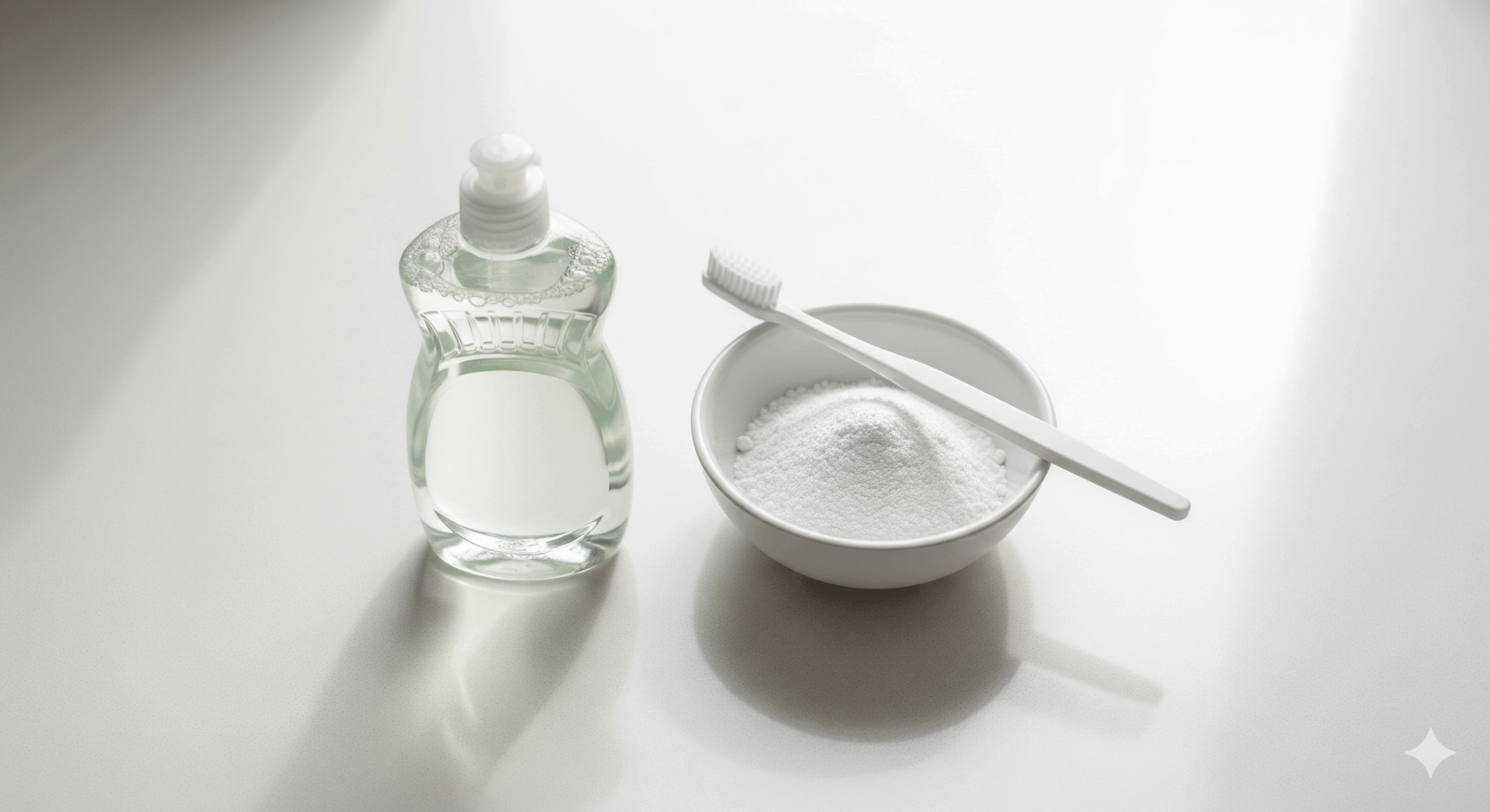 古着の汗ジミ落としに準備するものの基本セット。家にある食器用洗剤と酸素系漂白剤、歯ブラシが白いテーブルの上に置かれている。