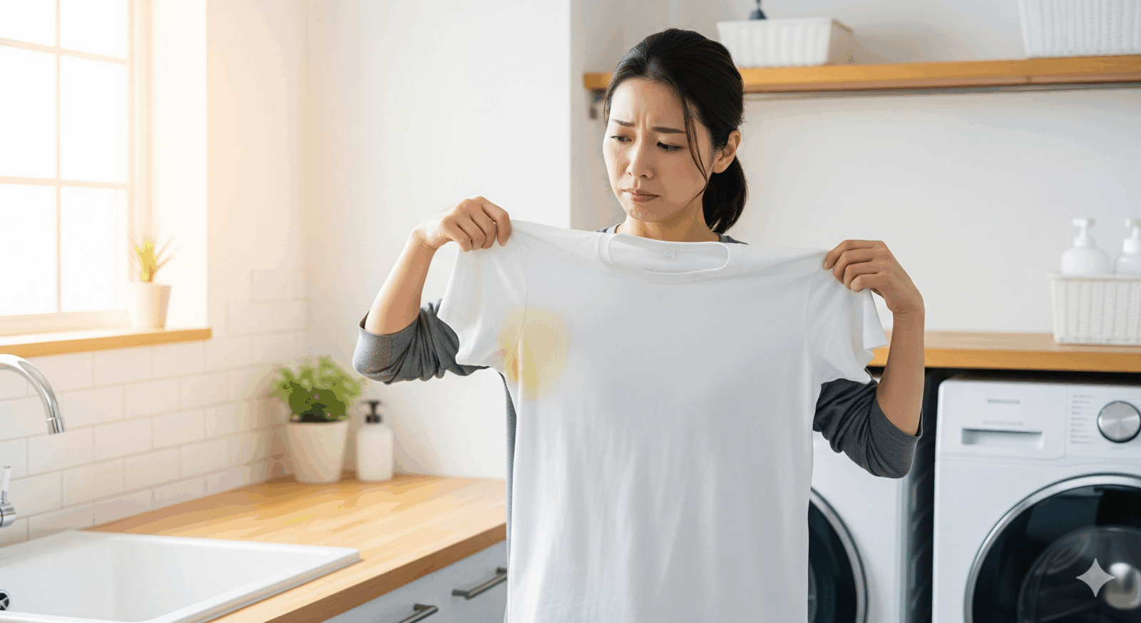 洗濯したのに古着の汗ジミが落ちない理由に悩む日本人女性。白いTシャツの脇に残った黄ばみを、困った表情で見つめている。