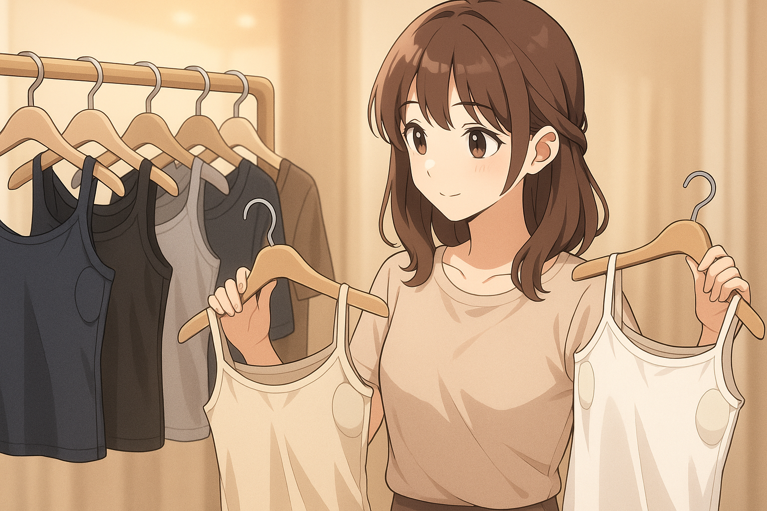 キャミソールを見比べる女性。手に持った2枚と背景の5色展開が並ぶショップ内の様子