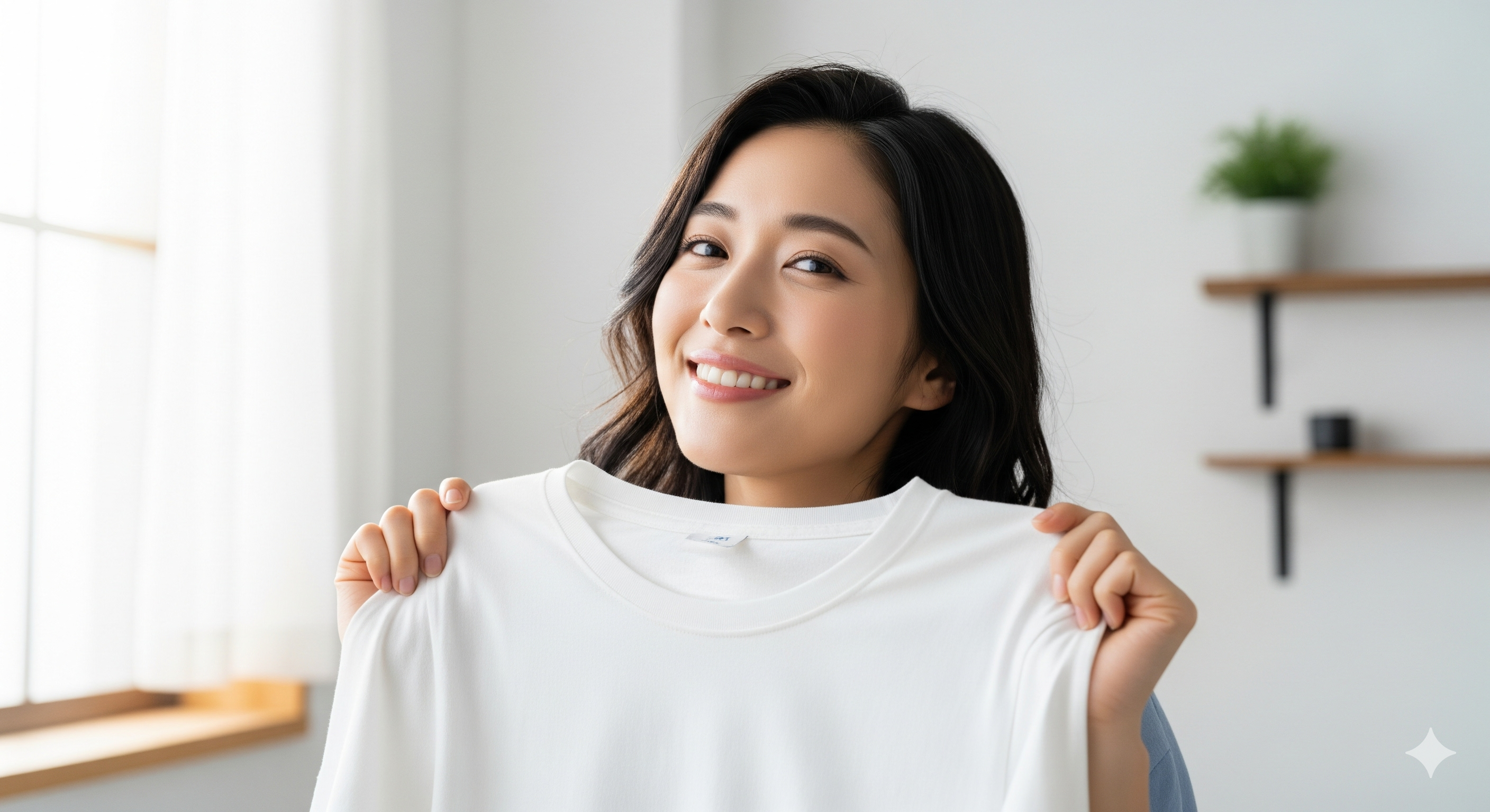 古着の汗ジミに関するよくある質問が解決し、きれいになった白いTシャツを手に笑顔を見せる日本人女性。疑問が解消されて満足している様子。