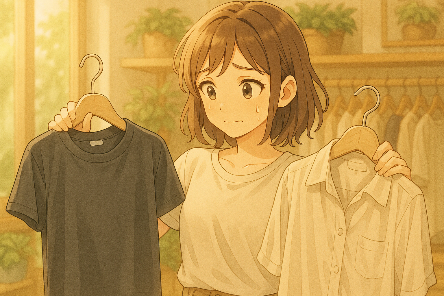 汗ジミ対策として服の素材を選ぶ女の子