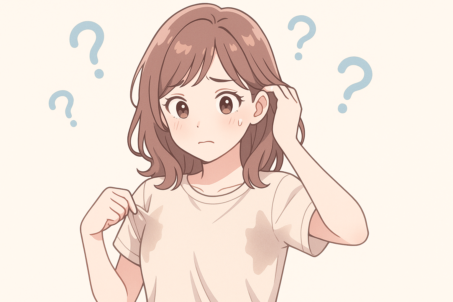 汗ジミの悩みを抱えてハテナを浮かべる女性