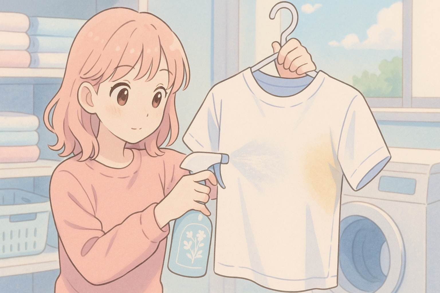 白Tシャツの汗ジミに重曹スプレーをかけるシーン