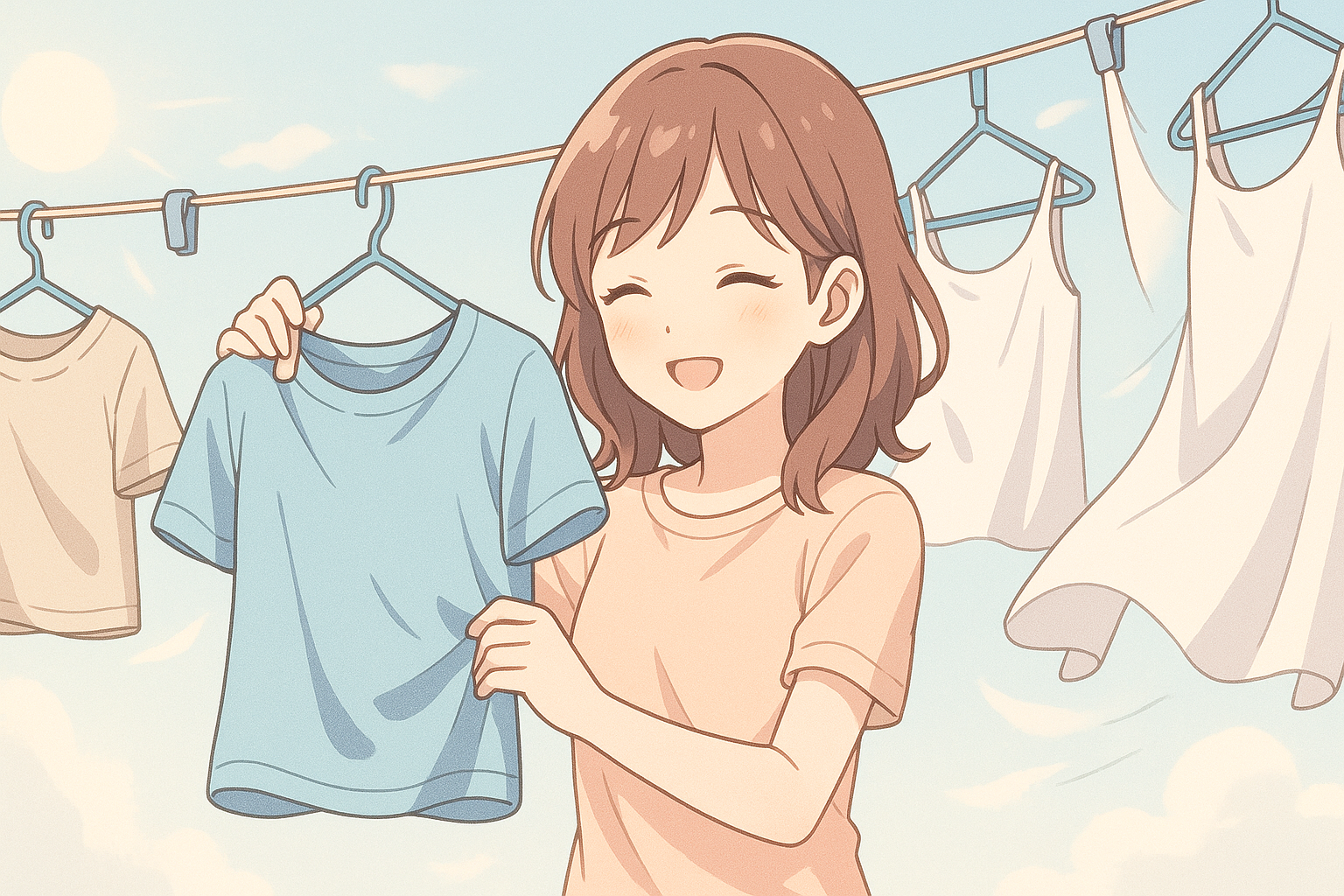 笑顔で夏服を干す女性。きれいに洗濯された洋服が風に揺れている爽やかなシーン