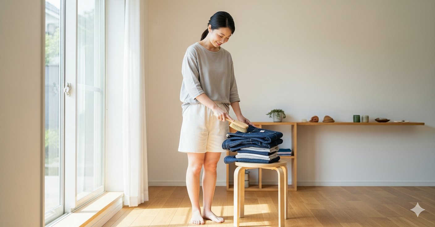 女性がデニムサロペットを丁寧にたたみ保管する、日常のお手入れシーン