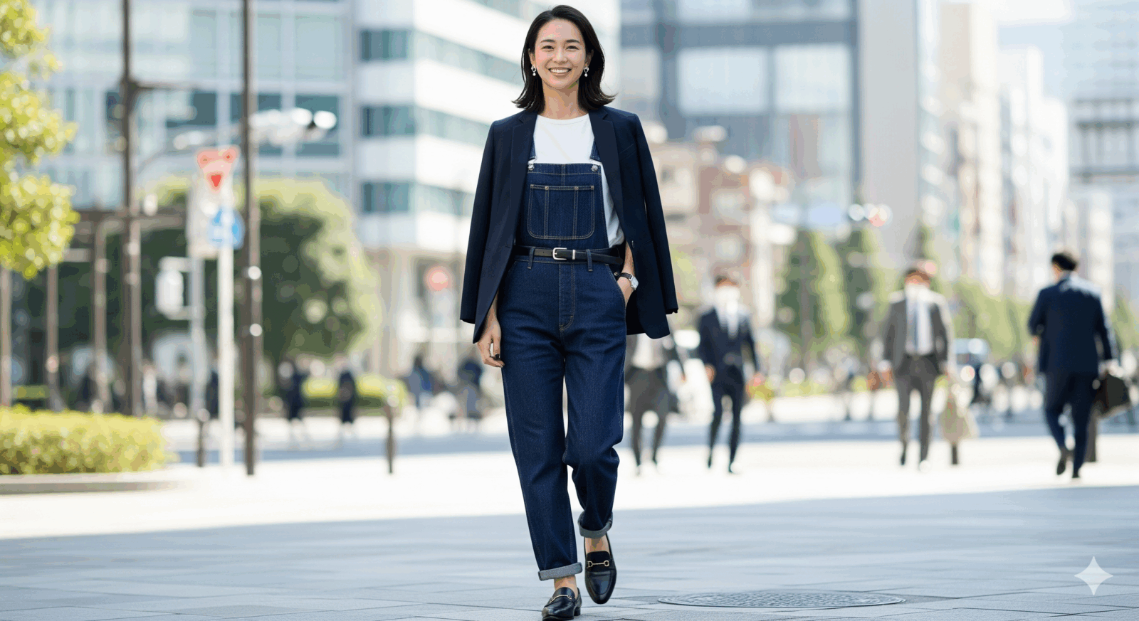 女性がノーカラージャケットとレザー小物を合わせて通勤用にきれいめ調整したサロペットコーデ