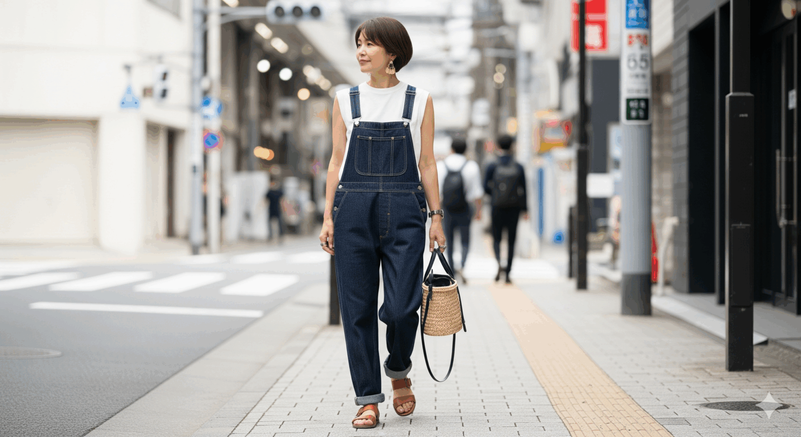 ダークデニムのサロペットに白トップスと軽サンダルの春夏ストリートスナップ