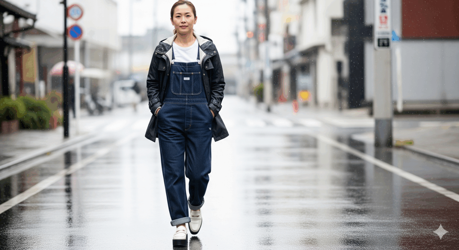 ダークデニムのサロペットに撥水アウター＋厚底ローファーの梅雨ストリートスナップ