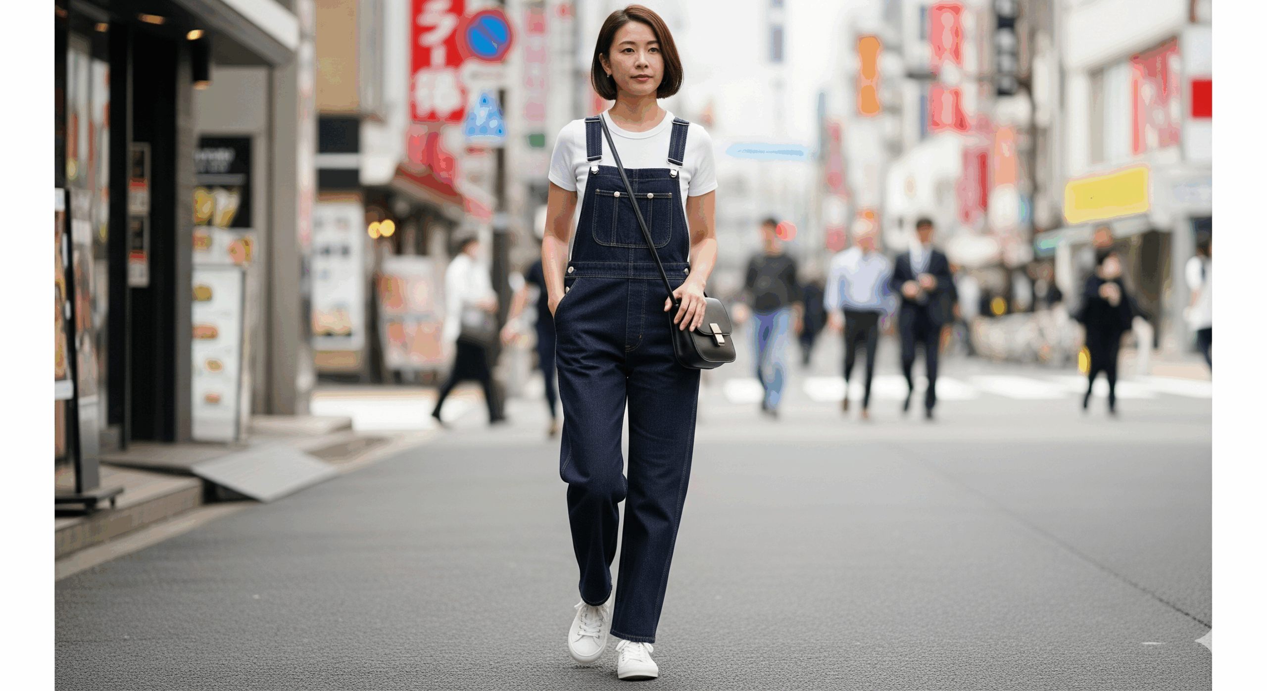 濃紺のIラインデニムサロペットを着用した大人の女性。街角で撮影されたスナップ写真で、上品なスタイルを表現。