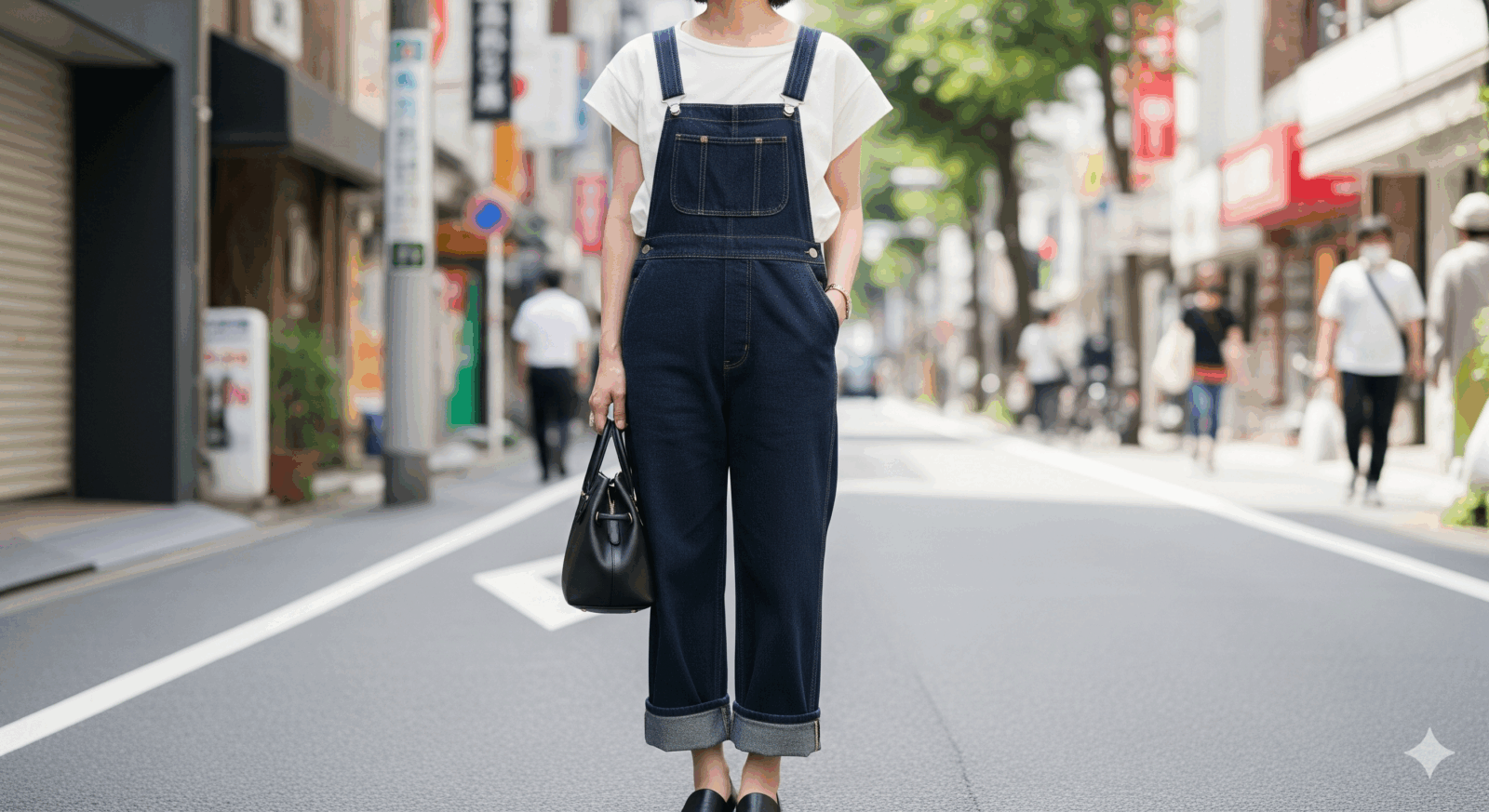 大人の女性が着用する濃紺のデニムサロペット。Iラインを意識したシルエットで、足首が見える裾丈が軽さを演出。