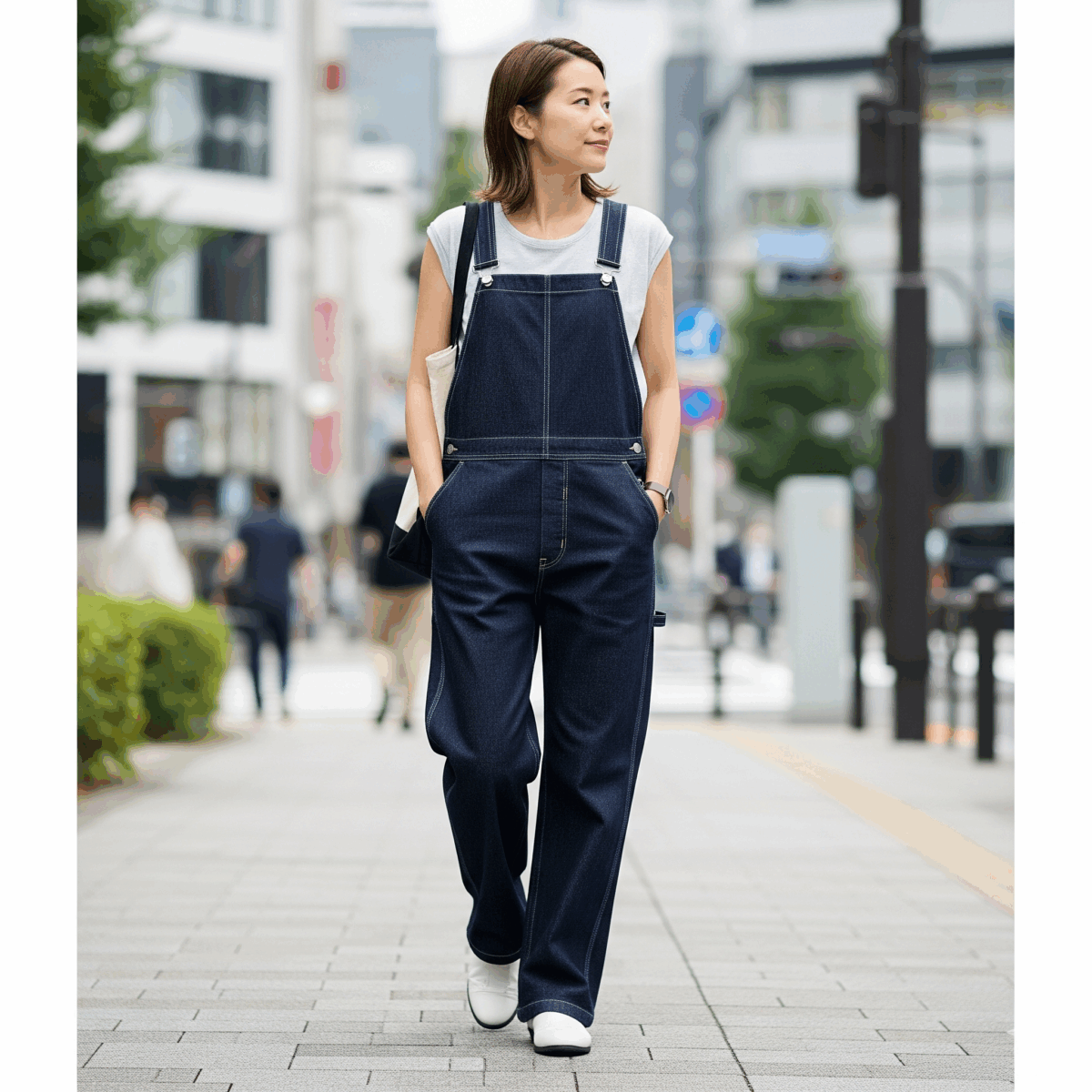 金具やステッチが控えめな濃紺のデニムサロペットを着用した大人の女性。胸当てが直線的でポケットがシンプルな、洗練されたスタイル。