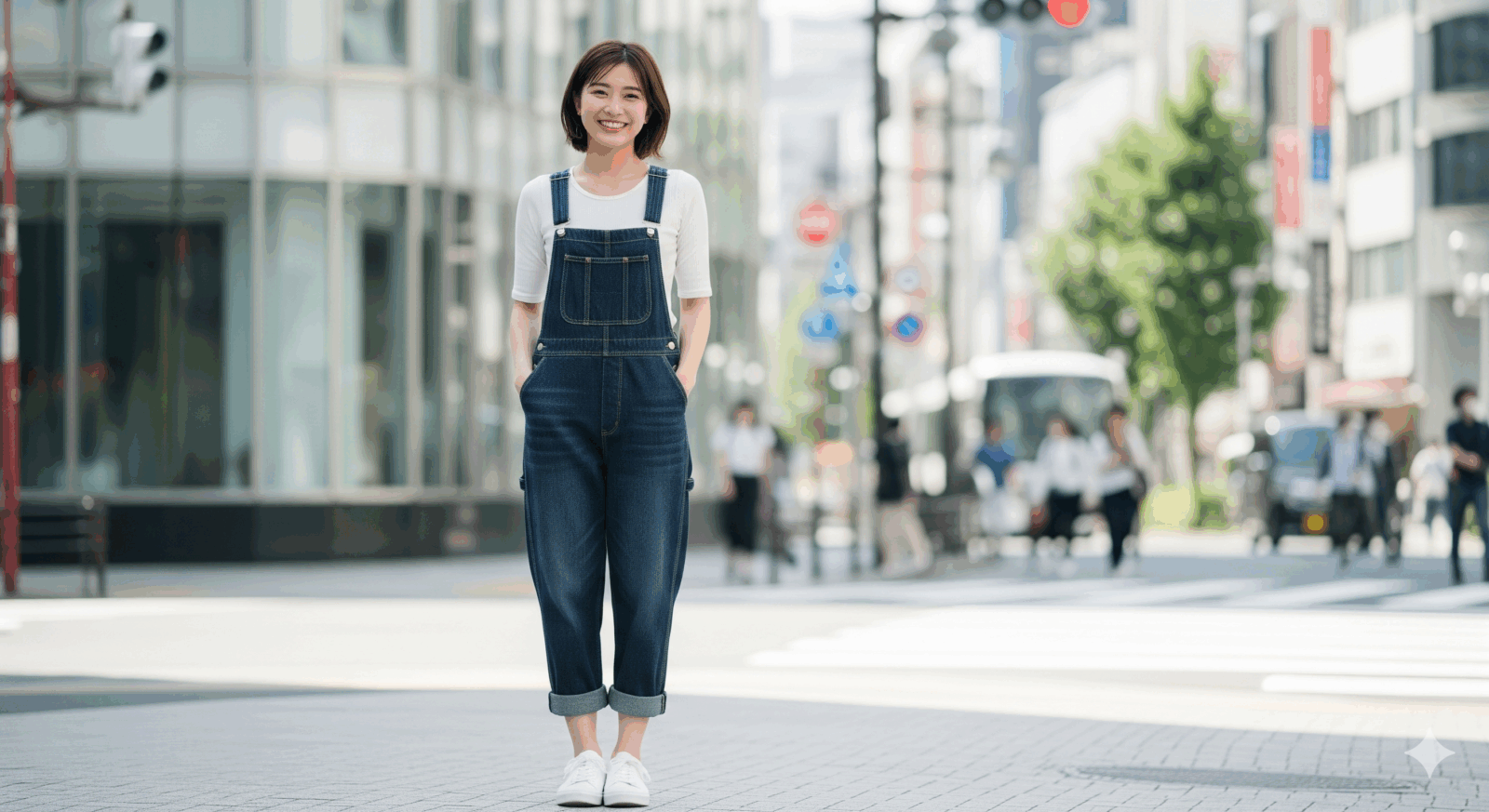 女性がダークデニムのサロペットを足首までしっかり見せて着こなす全身ストリートスナップ
