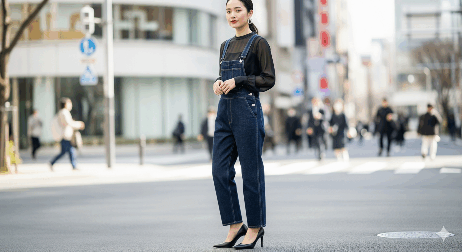女性がシアー素材インナーとポインテッドパンプスを合わせたきちんと感のあるサロペットコーデ