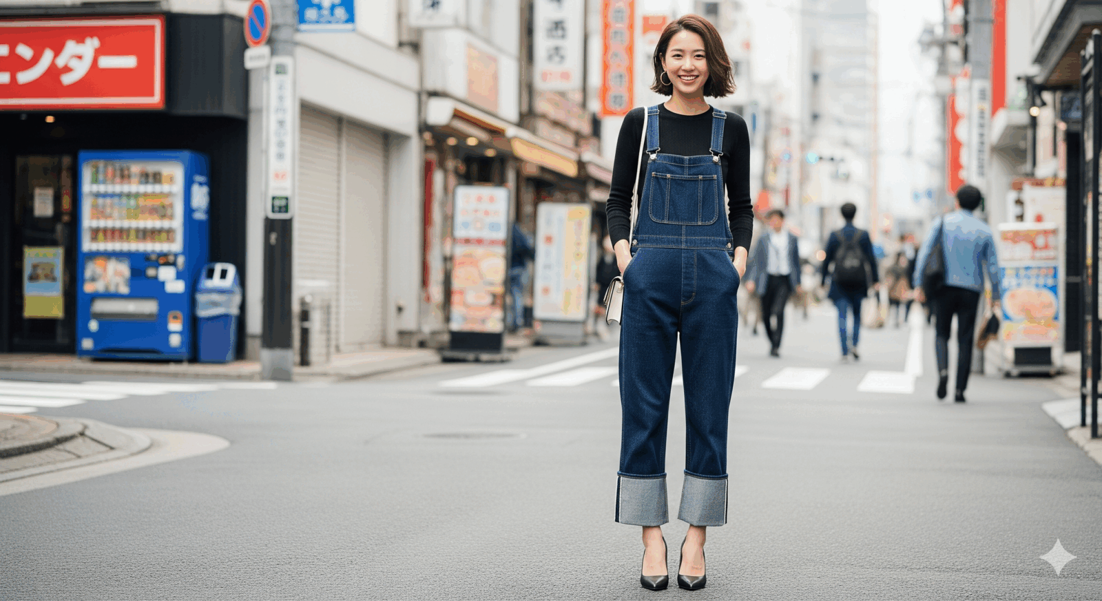 女性がデニムサロペットの裾を2〜3cm幅でロールアップし、足首を見せて端正にまとめた全身コーデ