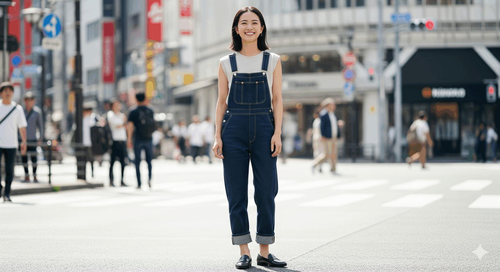 日本人女性が低身長を生かし、足首見せとタックイン＋細ストラップでバランスを整えたサロペットコーデ
