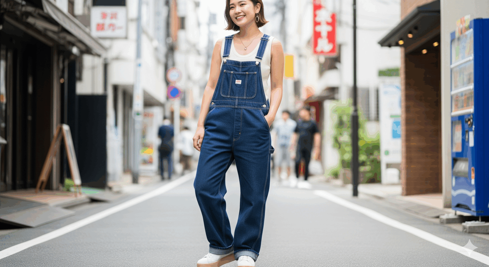 女性が深めV/Uネックと華奢アクセで上半身をすっきり見せたサロペットコーデ