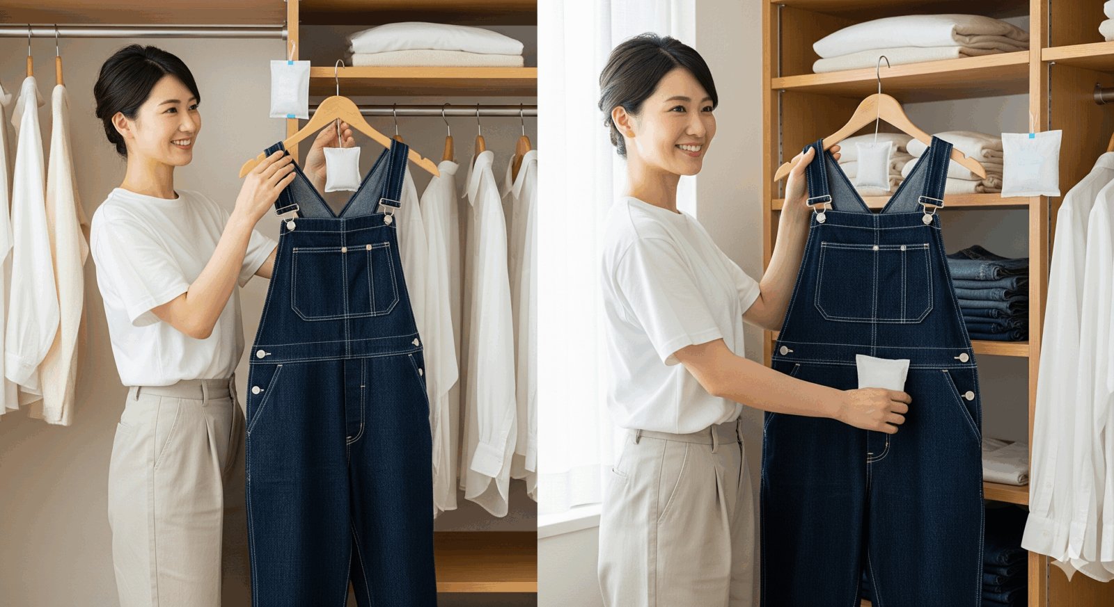 女性が厚みのあるハンガーや棚収納でデニムサロペットを湿気・色移り対策しながら保管するシーン