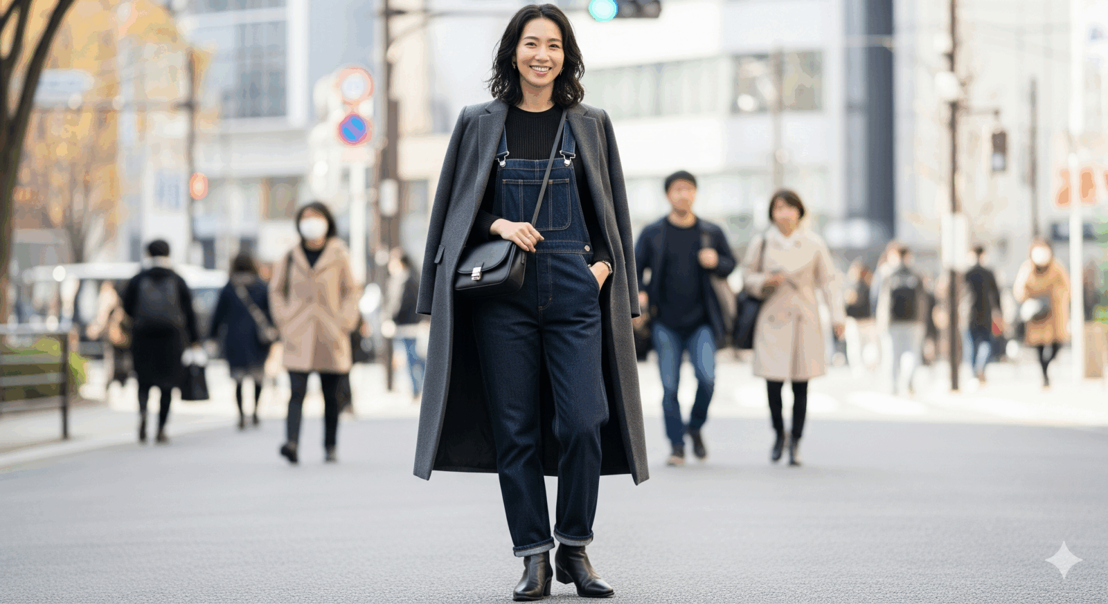 女性が濃色ストレートのサロペットにロングコートを重ねた全身ストリートスナップ