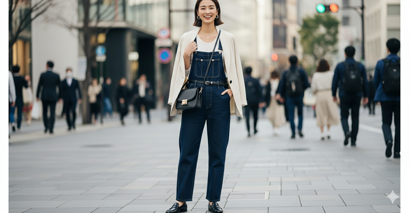 女性がジャケットやレザー小物を合わせてTPOに対応したきれいめサロペットコーデ