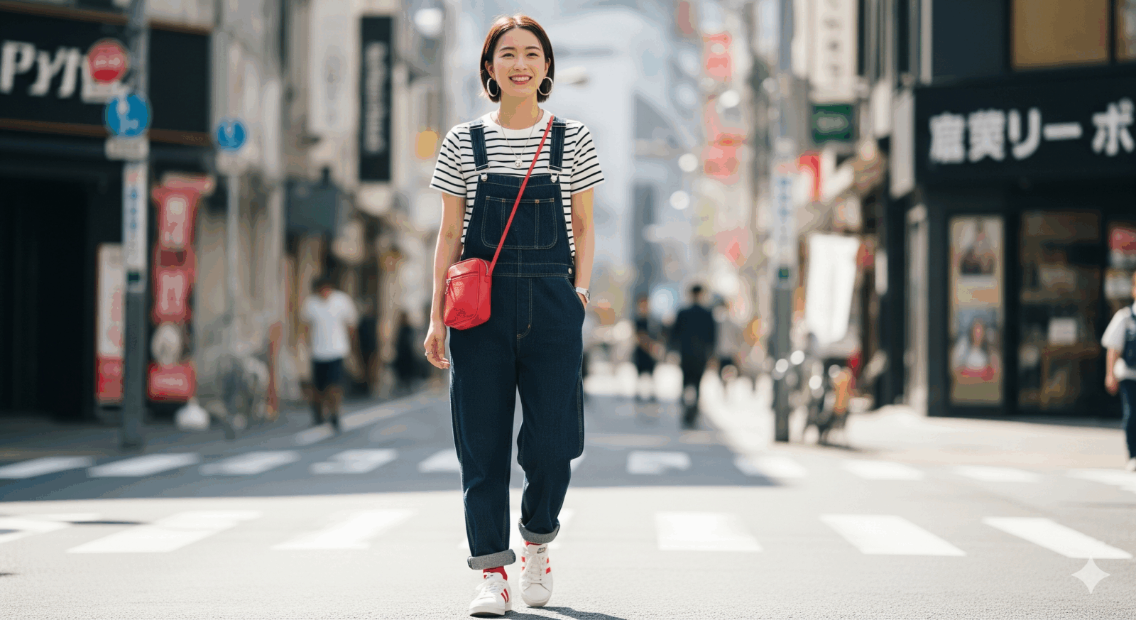 女性がボーダートップスとスニーカーを合わせ、色を3色に抑えた週末カジュアルなサロペットコーデ