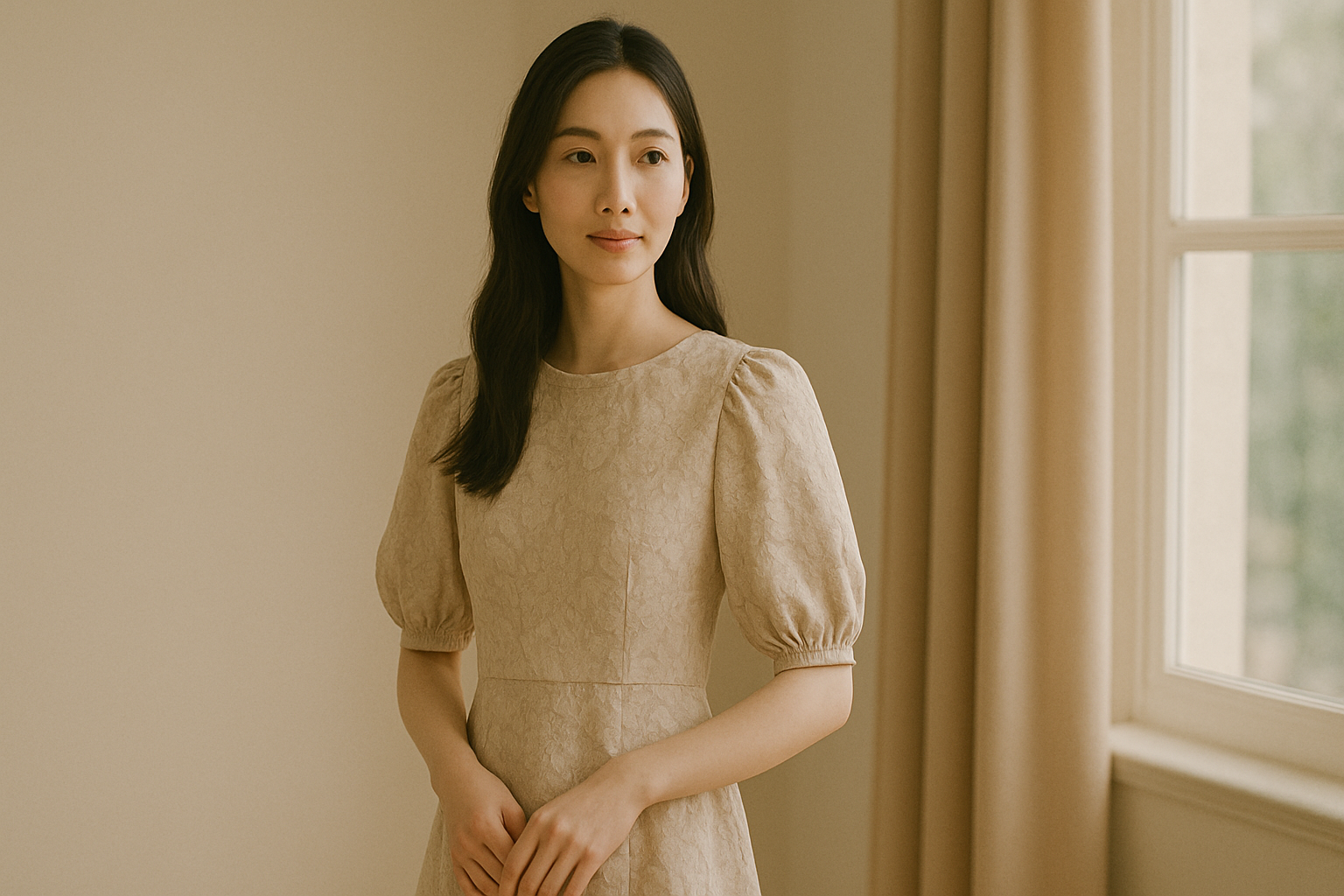 ふくれジャガード素材の花柄ワンピースを着た女性