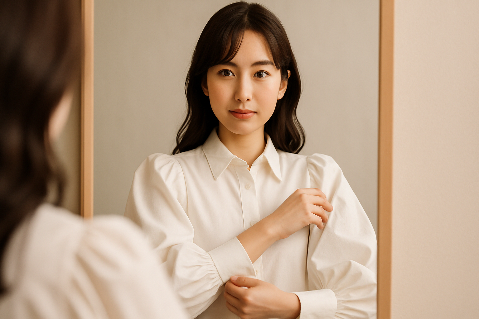 鏡越しにこちらを見ながら、ボリューム袖のバランスを軽く触って確認している女性