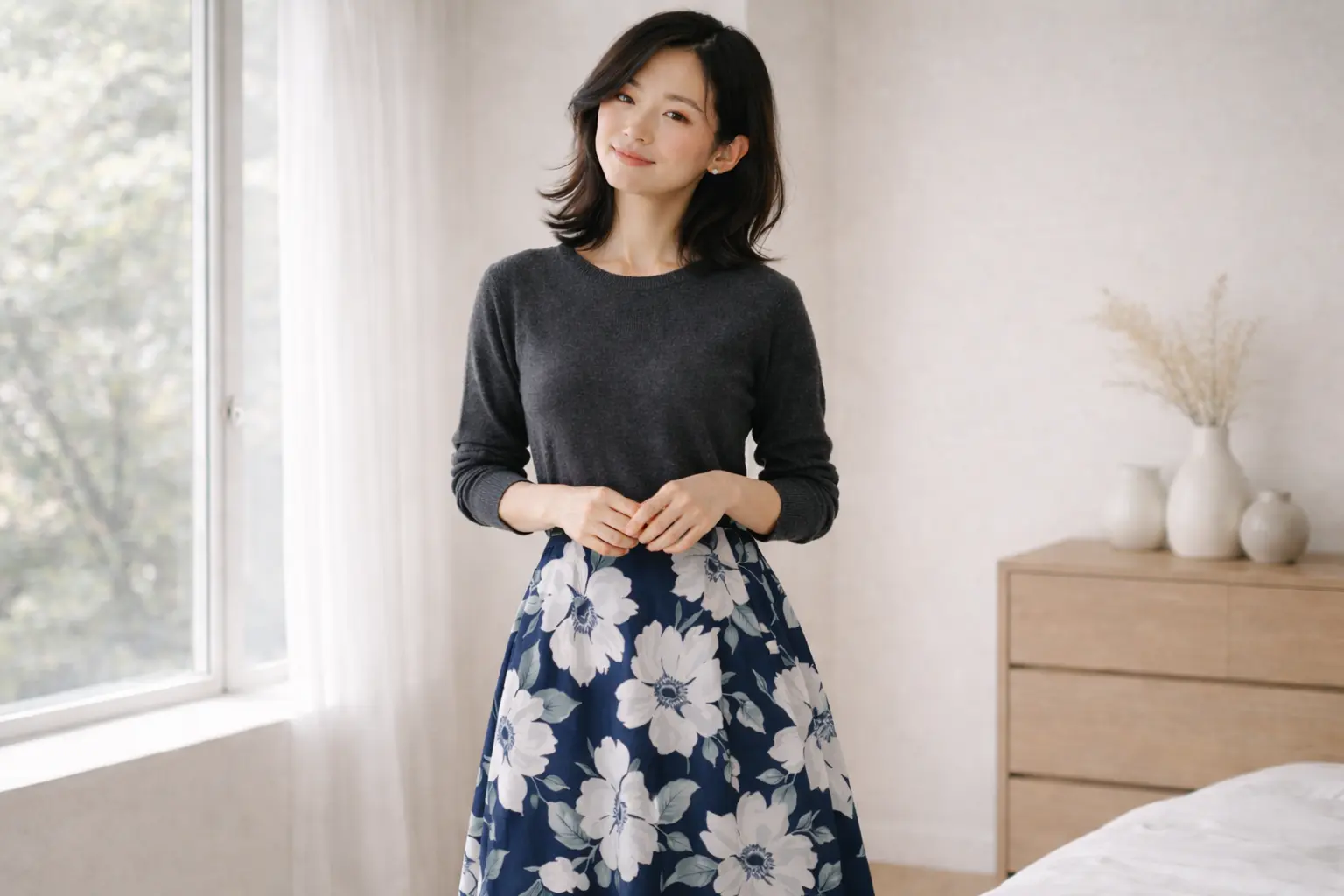 自然光が差し込む静かな部屋で、ネイビーをベースに白やグレーなど2〜3色に色数を抑えた落ち着いた花柄スカートと、シンプルなグレーのニットを上品に着こなす女性。「甘すぎない大人の花柄コーデ」のスタイリング例。