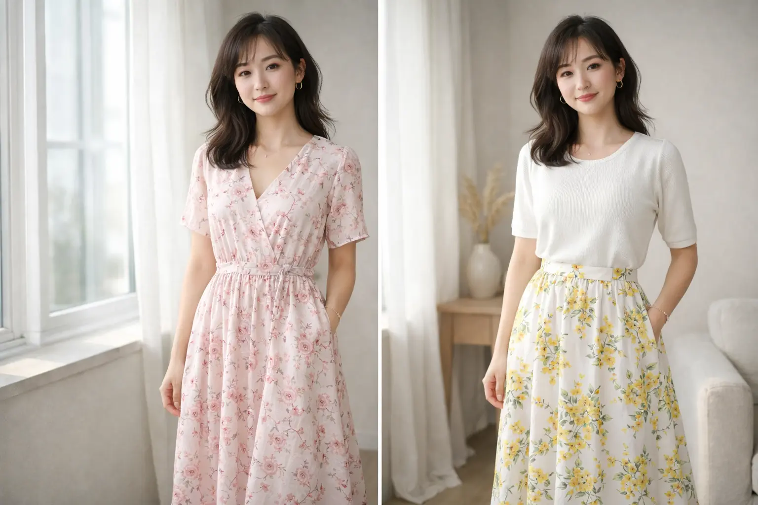 自然光が差し込む静かで洗練された部屋で、春の花柄ワンピースを着た姿（左）と、ミモザ柄のスカートに白いニットを合わせた姿（右）を左右に並べた比較写真。どちらも上品で落ち着いた大人のコーディネートを楽しんでいる女性の様子。