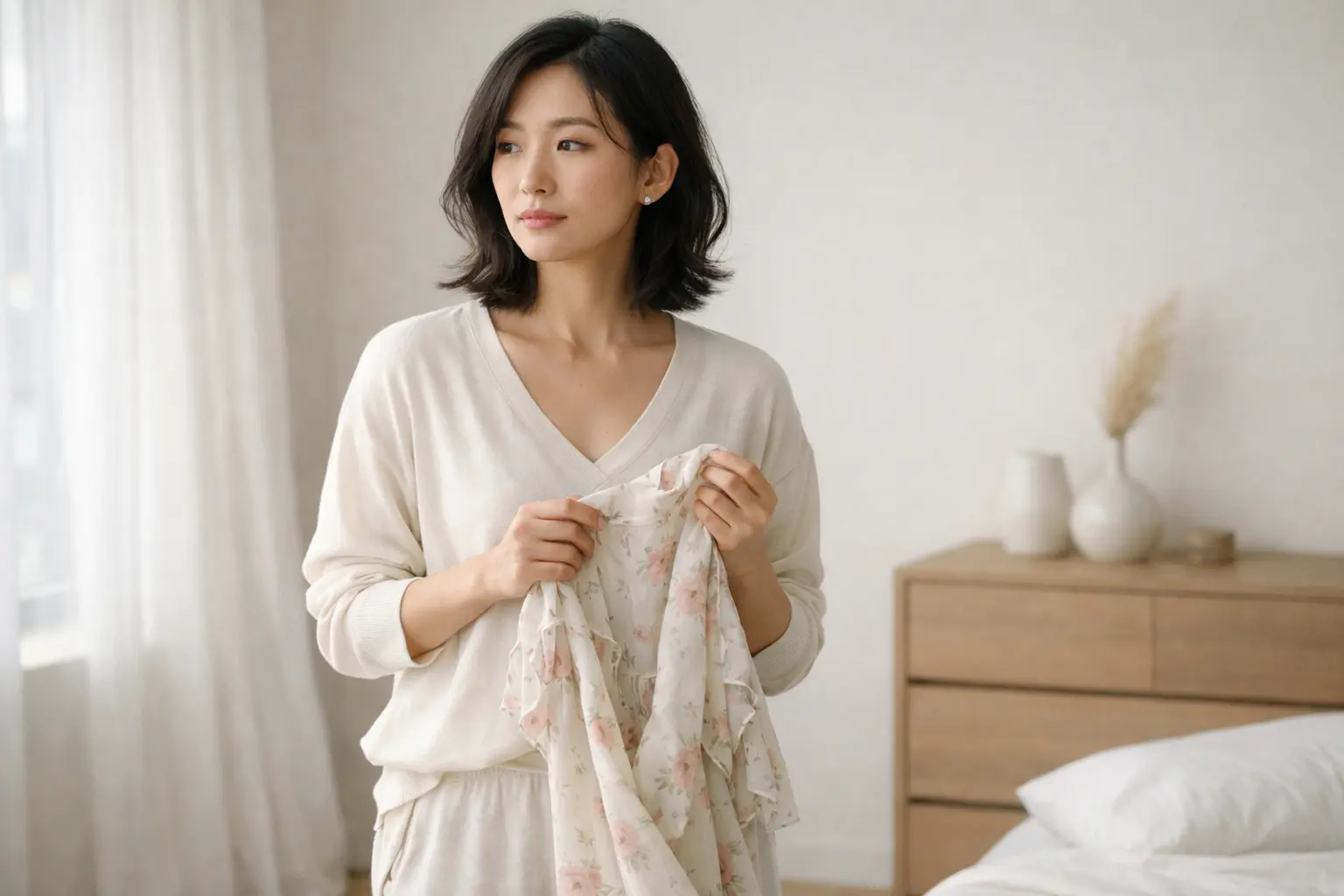 明るいミニマルな部屋で、花柄ワンピースを手に取りながら少し迷う女性
