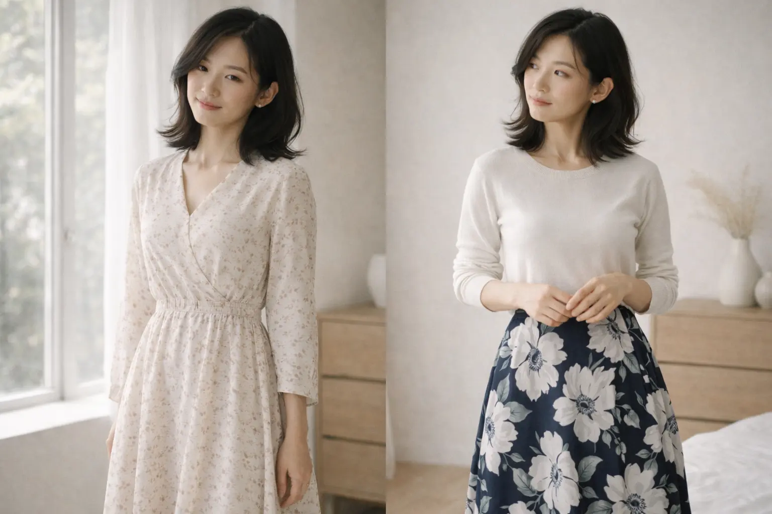 自然光が差し込む静かな部屋で、20代後半のアジア人女性が小花柄のワンピースを着た姿（左）と、大花柄のスカートを着た姿（右）で並んでいる比較写真。小花柄は控えめでナチュラルな印象、大花柄は華やかで存在感のある印象の違いを表現している。