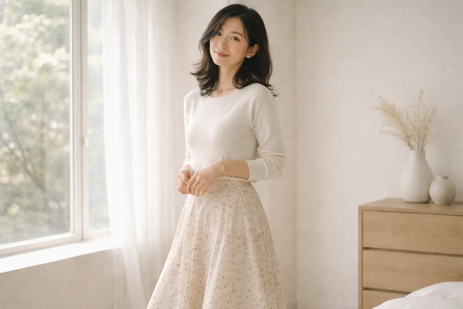 自然光が入るミニマルな部屋で、淡い小花柄スカートとシンプルなニットを着た女性
