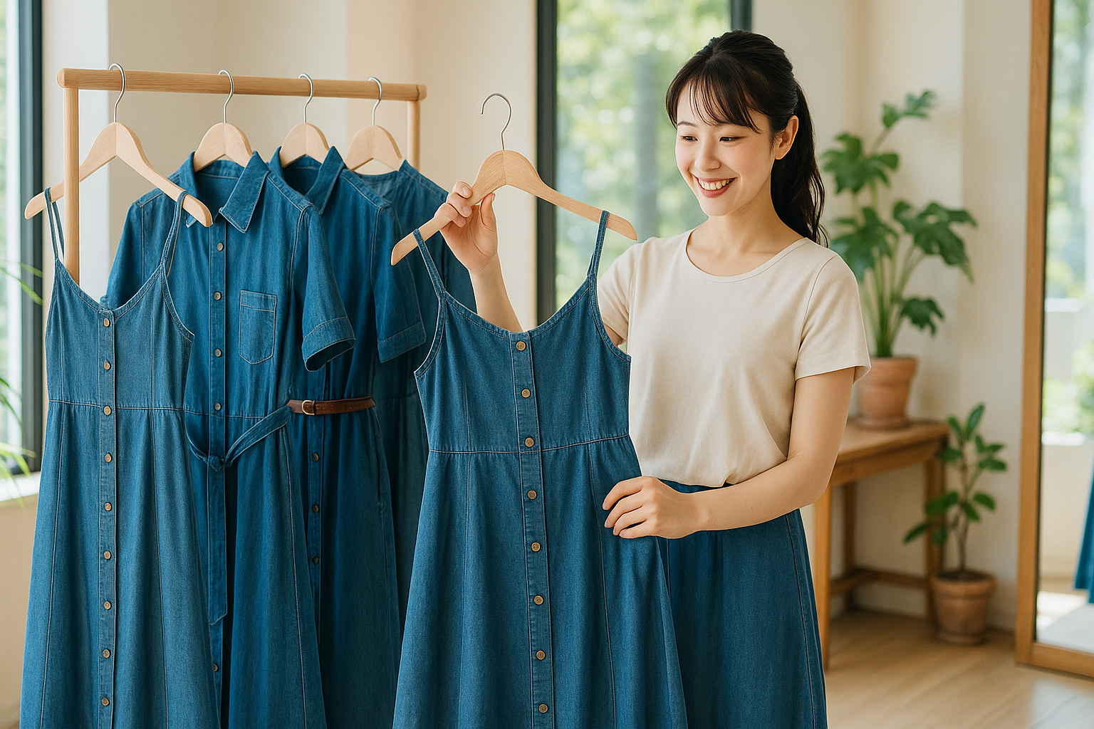ショップでワンピースを手に取る女性