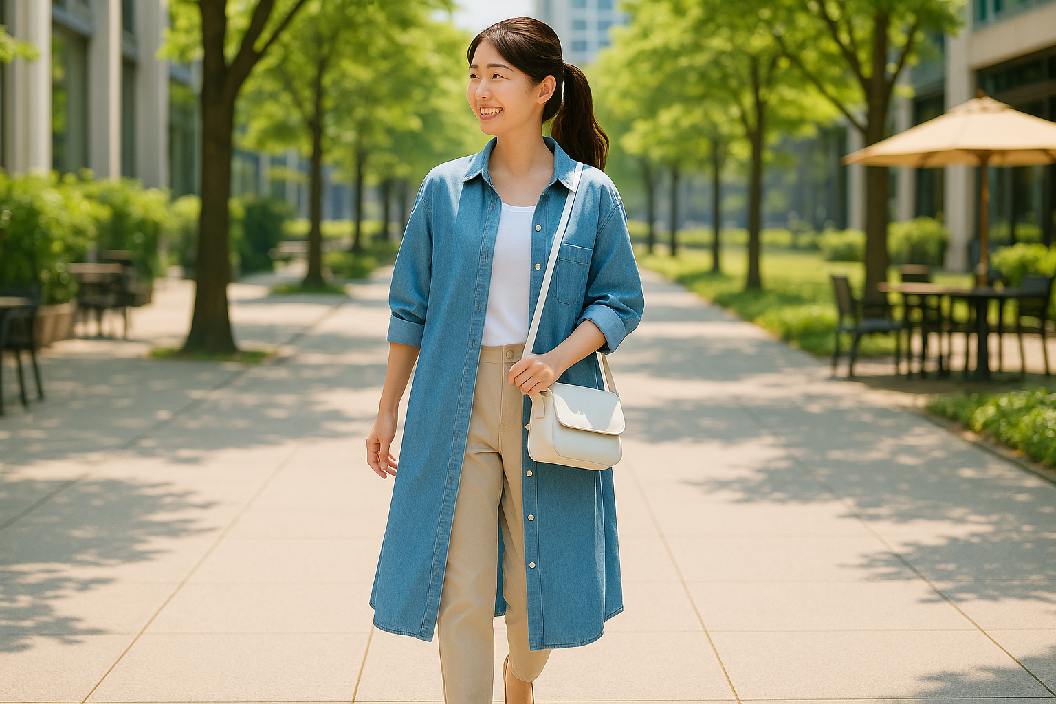 前開きデニムシャツワンピースとパンツのレイヤード 着やせコーデ 30代 40代女性