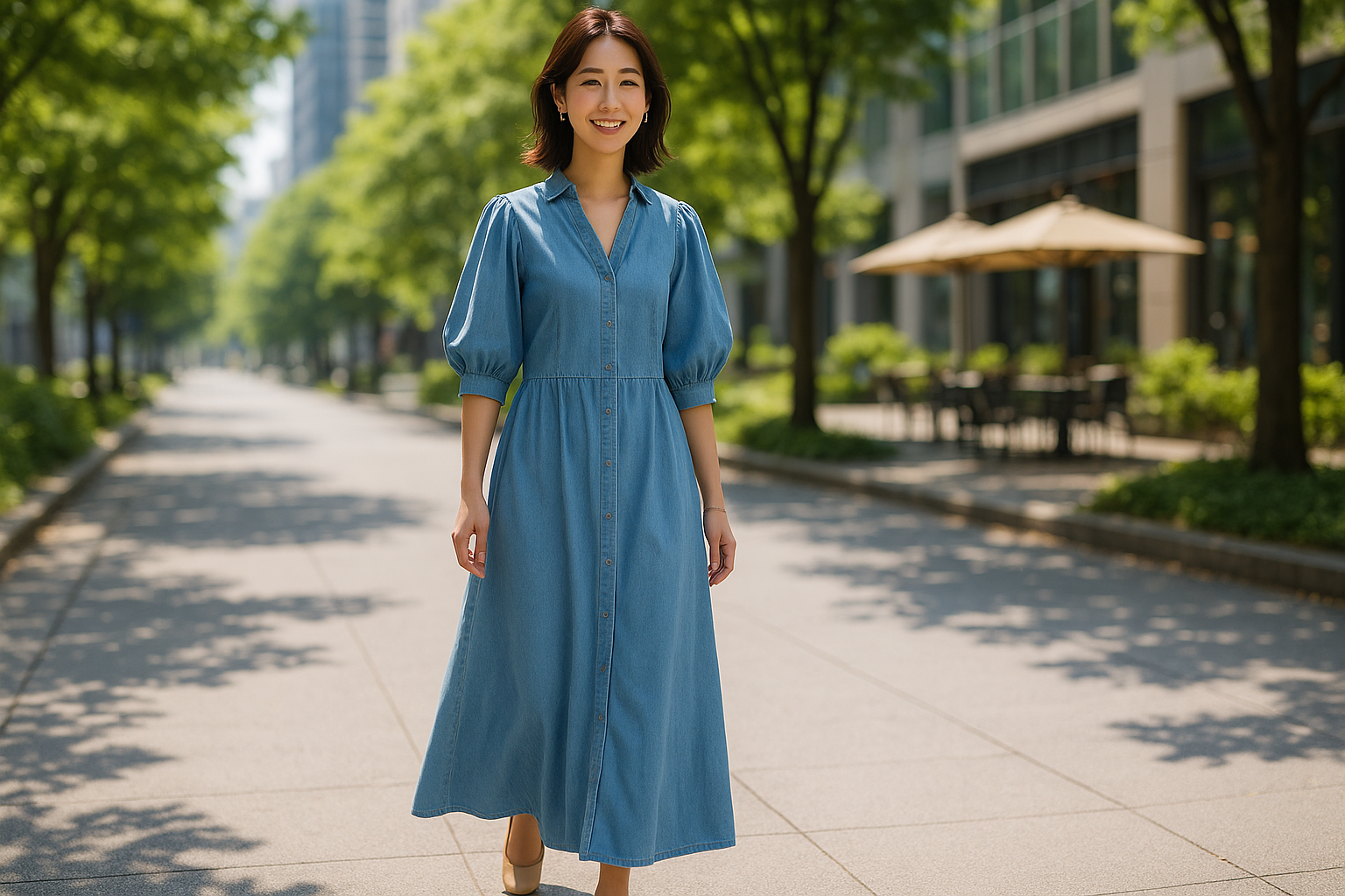 パフスリーブ 七分袖 デニムワンピース 二の腕カバー 着やせコーデ