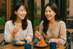 外食を楽しむおしゃれな女性たちのイメージ(パスタとホットサンド)