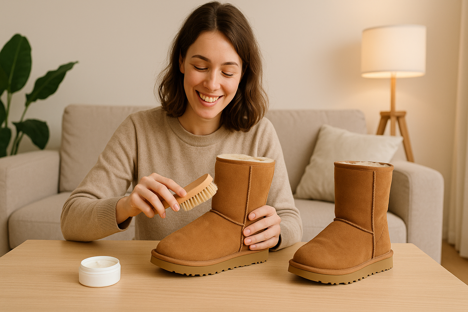 シーズン終わりにムートンブーツをお手入れする女性