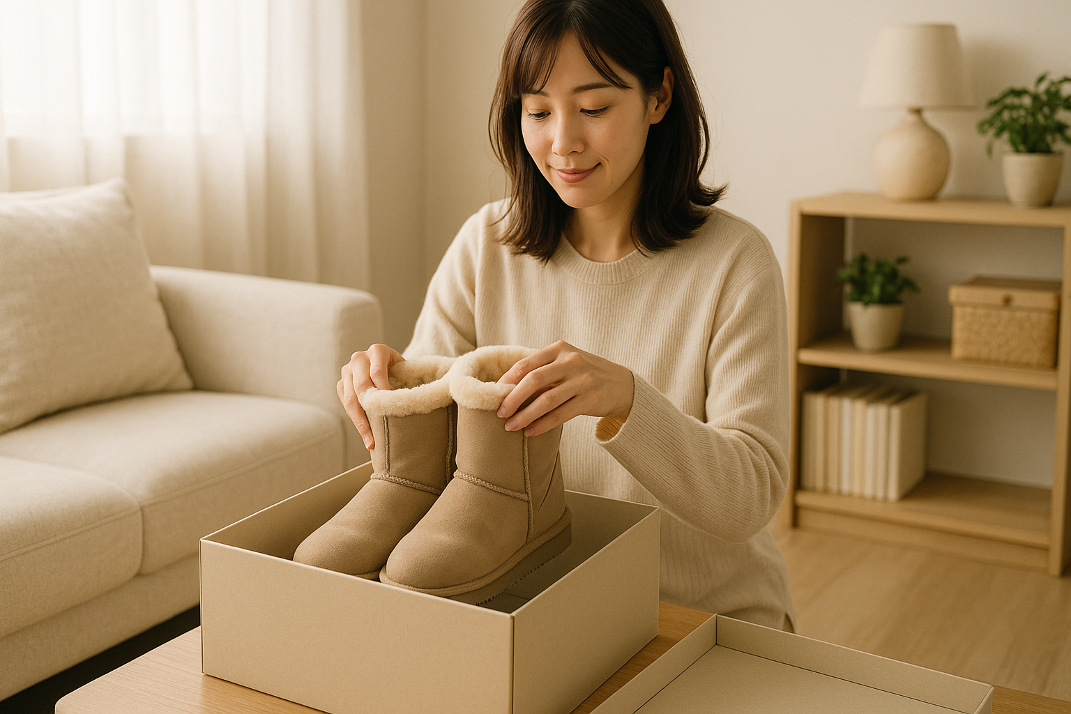 ムートンブーツをやさしく収納ボックスにしまう女性の様子