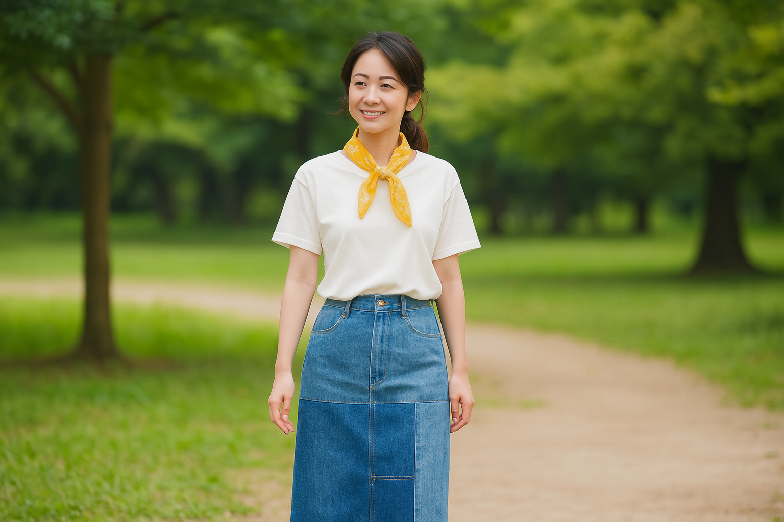 30代|カジュアル可愛い「パッチワークデニム」+Tシャツ