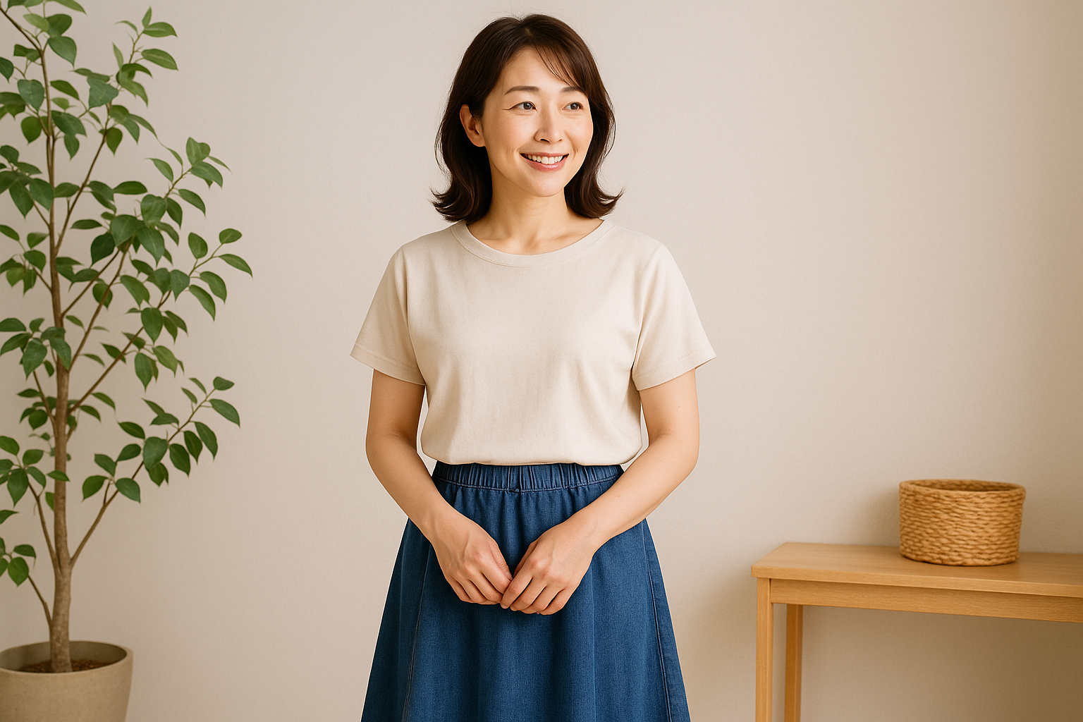 ウエストゴムのフレアデニムスカートを着こなすナチュラルな女性