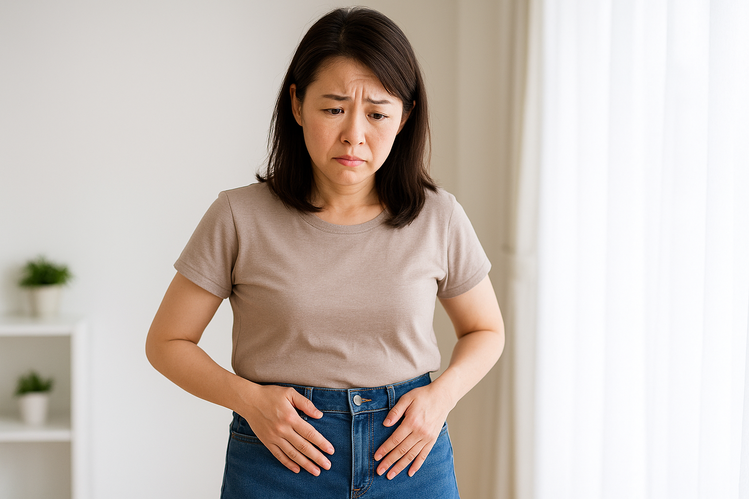 お腹まわりが気になる女性のデニムスカート姿