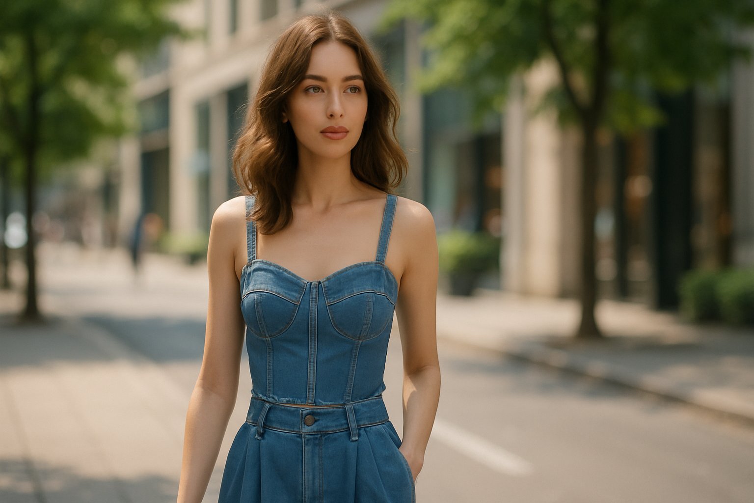 デニムビスチェを着た大人カジュアルな女性の初夏のデニムレディースコーデ例
