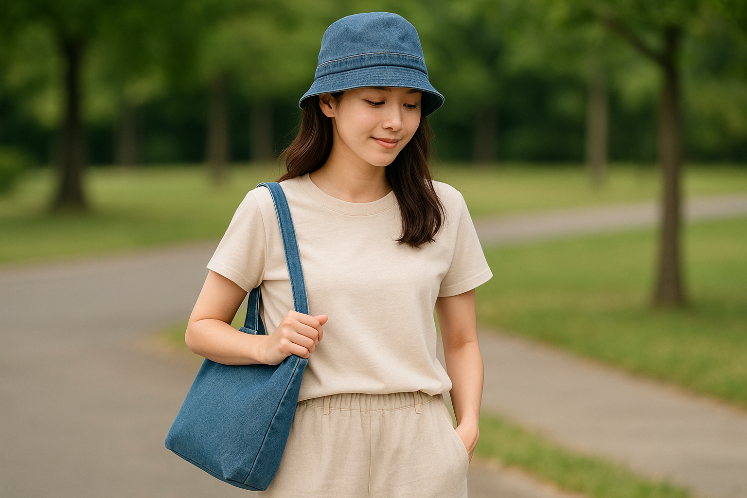 デニムのバッグや帽子など初心者向け小物、初夏のデニムレディースコーデ例