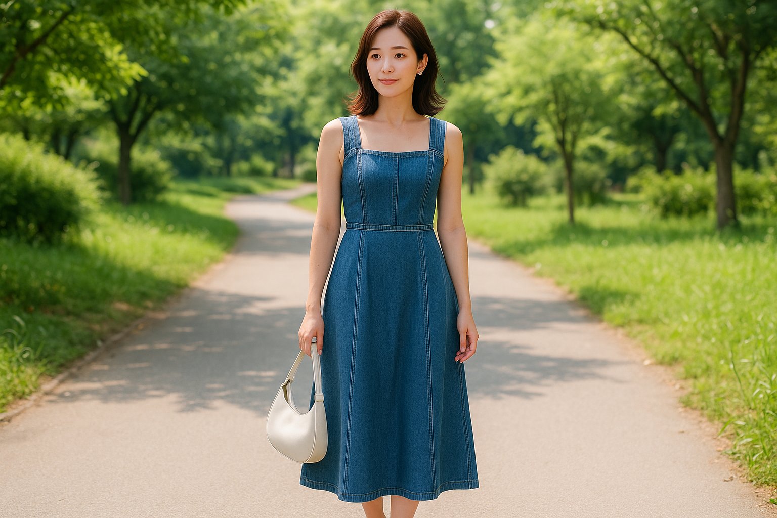 ノースリーブのデニムワンピースを爽やかに着こなす初夏のデニムレディースコーデ例