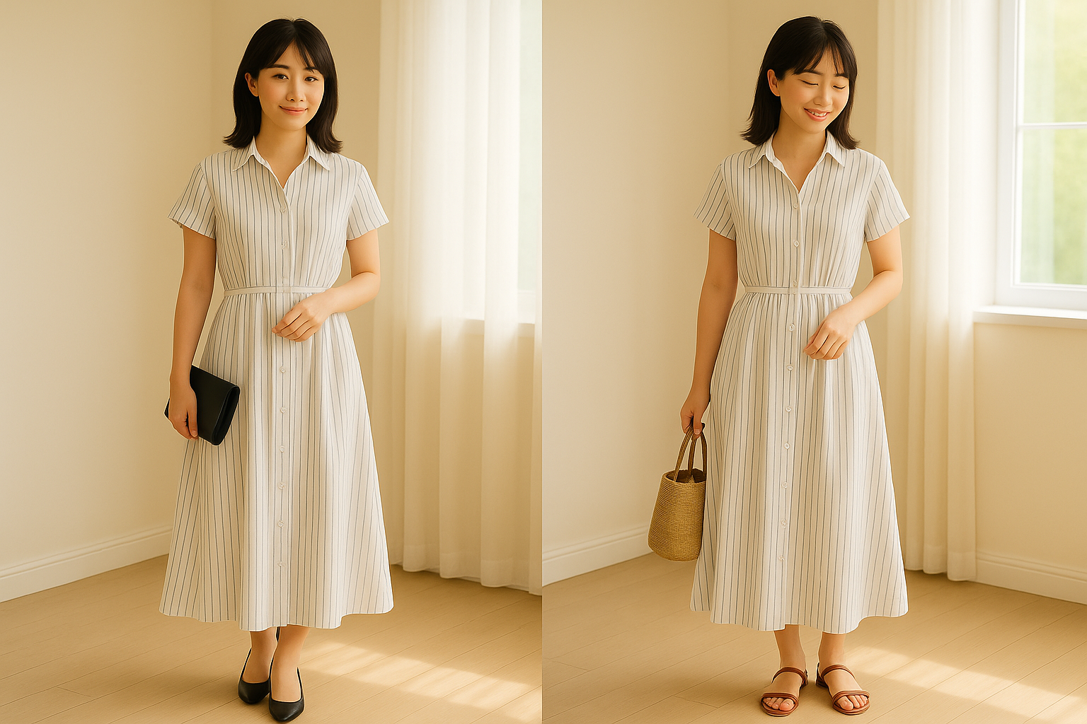 白地に細ネイビーストライプのシャツワンピース。ミディアムヘアの女性が、ヒールやサンダルでキレイめにもカジュアルにも着こなしているコーディネート範例。