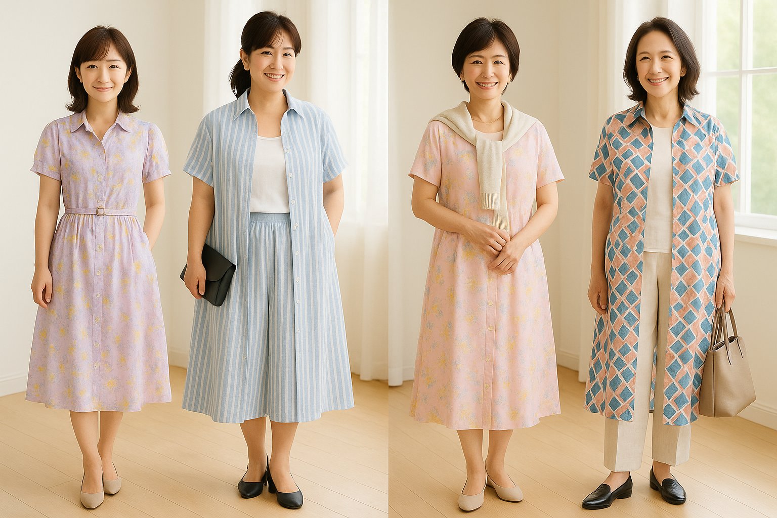 パステル柄のシャツワンピースを年代別・体型別に着こなす4人の女性。室内で明るくナチュラルな雰囲気。