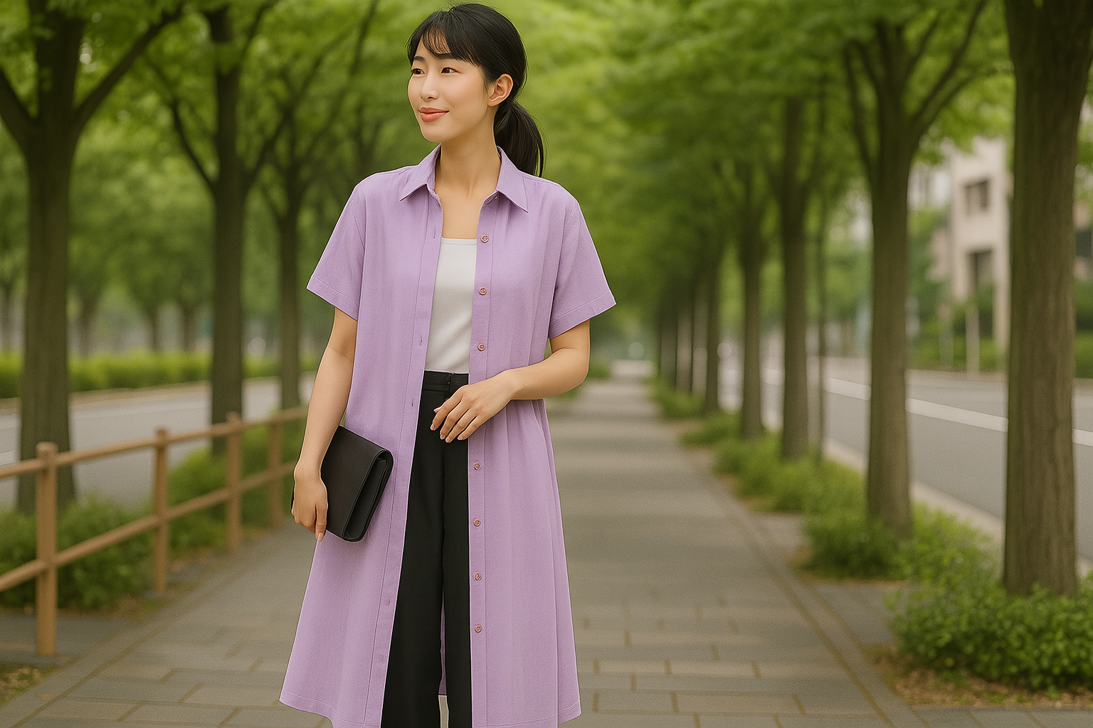 並木道の歩道で、ラベンダーカラーの半袖シャツワンピースを羽織り、白のトップスと黒のパンツを合わせた大人の女性が、微笑みながら前を見て歩いている。手には黒のクラッチバッグを持ち、初夏の爽やかな空気を感じさせるスタイル。