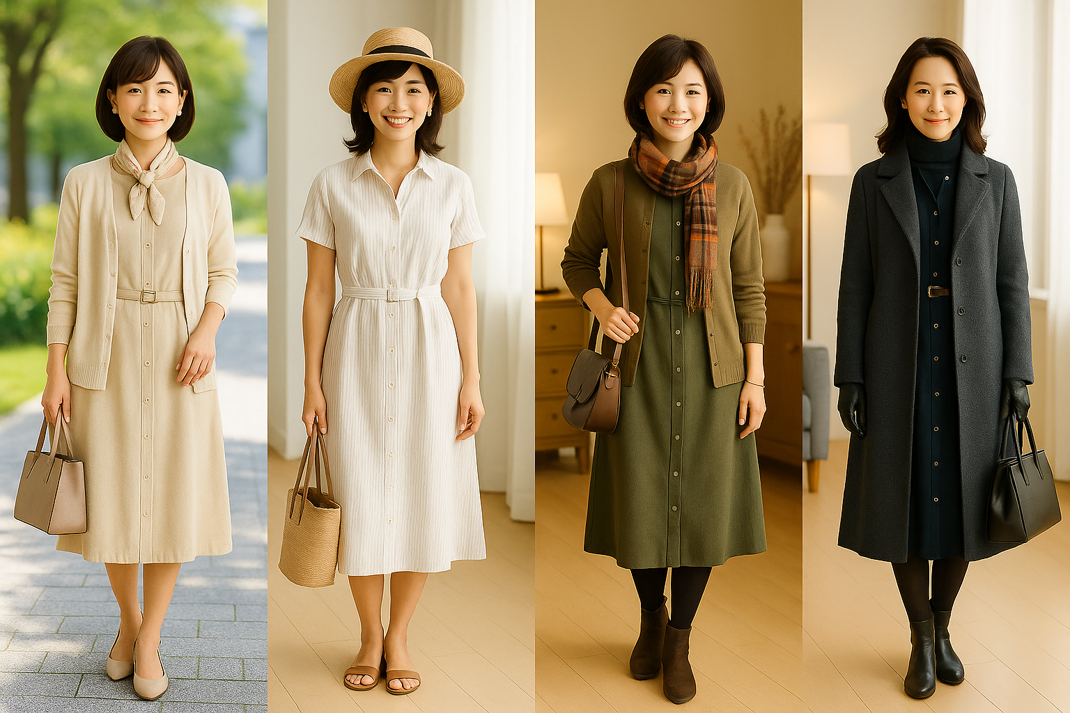 四季ごとのシャツワンピースコーディネートを楽しむ4人の日本人女性。春・夏・秋・冬それぞれの季節感とシーンに合わせたスタイリングで、上品かつ実用的な着こなしを披露している。