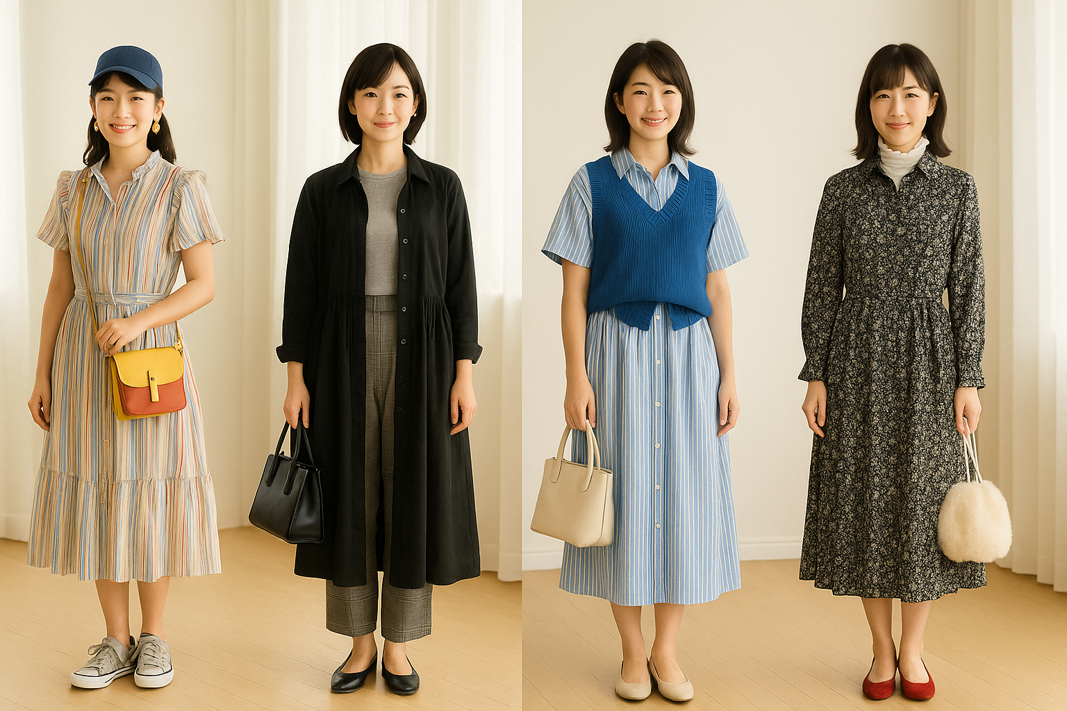 シャツワンピース4種の着回し例。カジュアル・羽織り・レイヤード・秋冬スタイル。