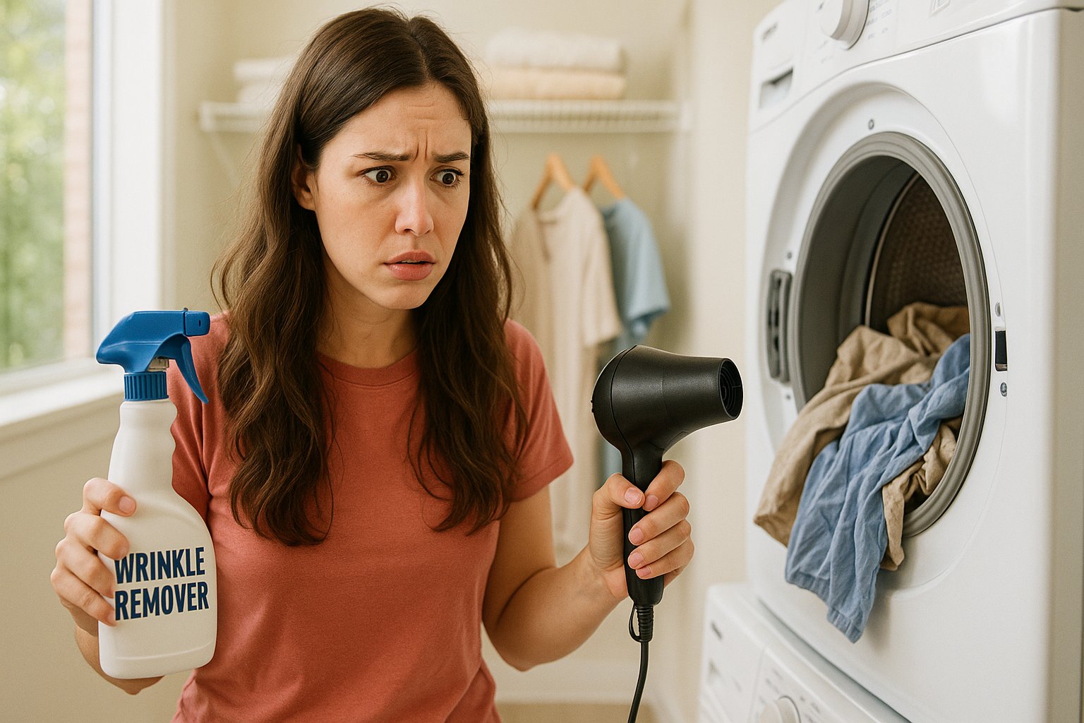 シワになった衣類を見て対処しようとしている女性の様子（スプレーとドライヤー使用）